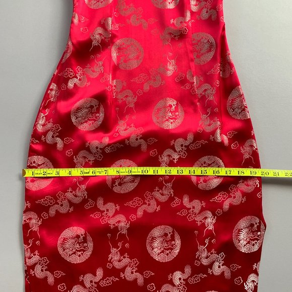 Red Silk Sleeveless Cheongsam Qipao Dress with Silver Dragon Jacquard Pattern - Picture 10 of 14